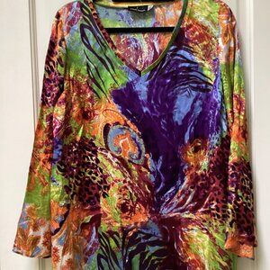 Craig Signer Multicolor Silk V-Neck Women's Top, size XL NWT